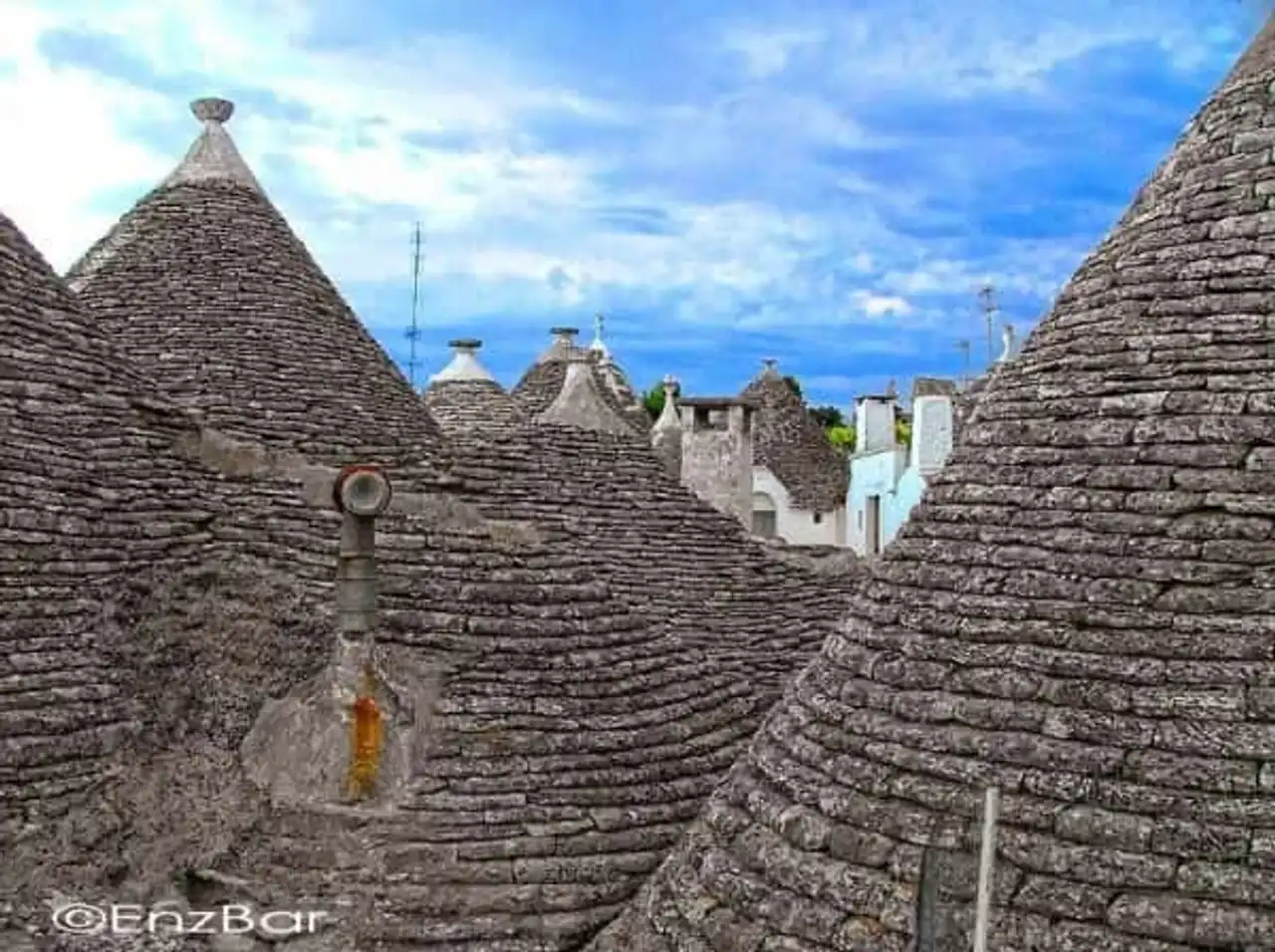 Alberobello trulli houses, houses, hens, Italy