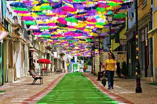 Hundreds of umbrellas float over the streets in Portugal